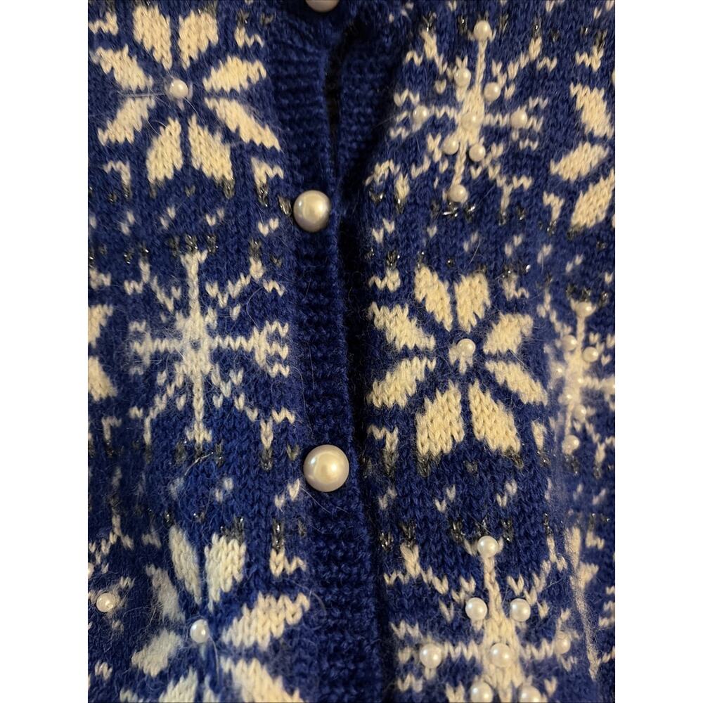 VTG Women Cardigan Sweater Blue White L Wool Nordic Fair Isle Snowflake Winter - Picture 6 of 12
